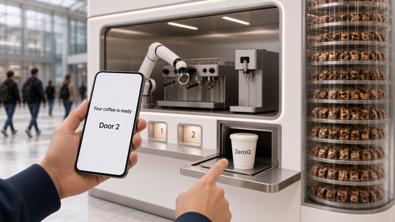 Phone app showing a ZeroQ order ready to collect at door 2 (design render)