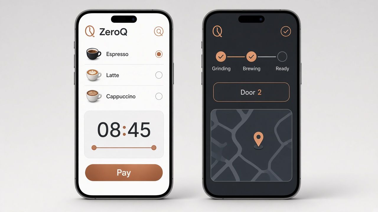 ZeroQ mobile app screens for ordering, scheduling and pick-up (design render)