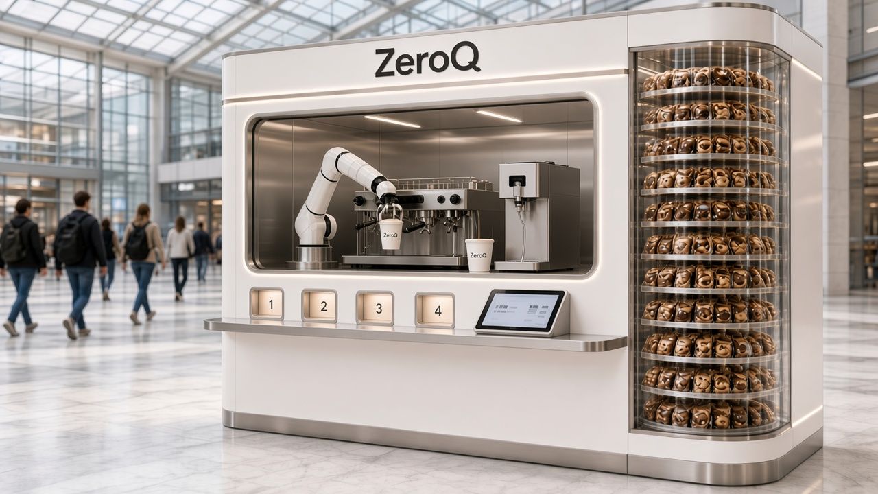 ZeroQ robotic coffee kiosk on a busy shopping-centre concourse (design render)