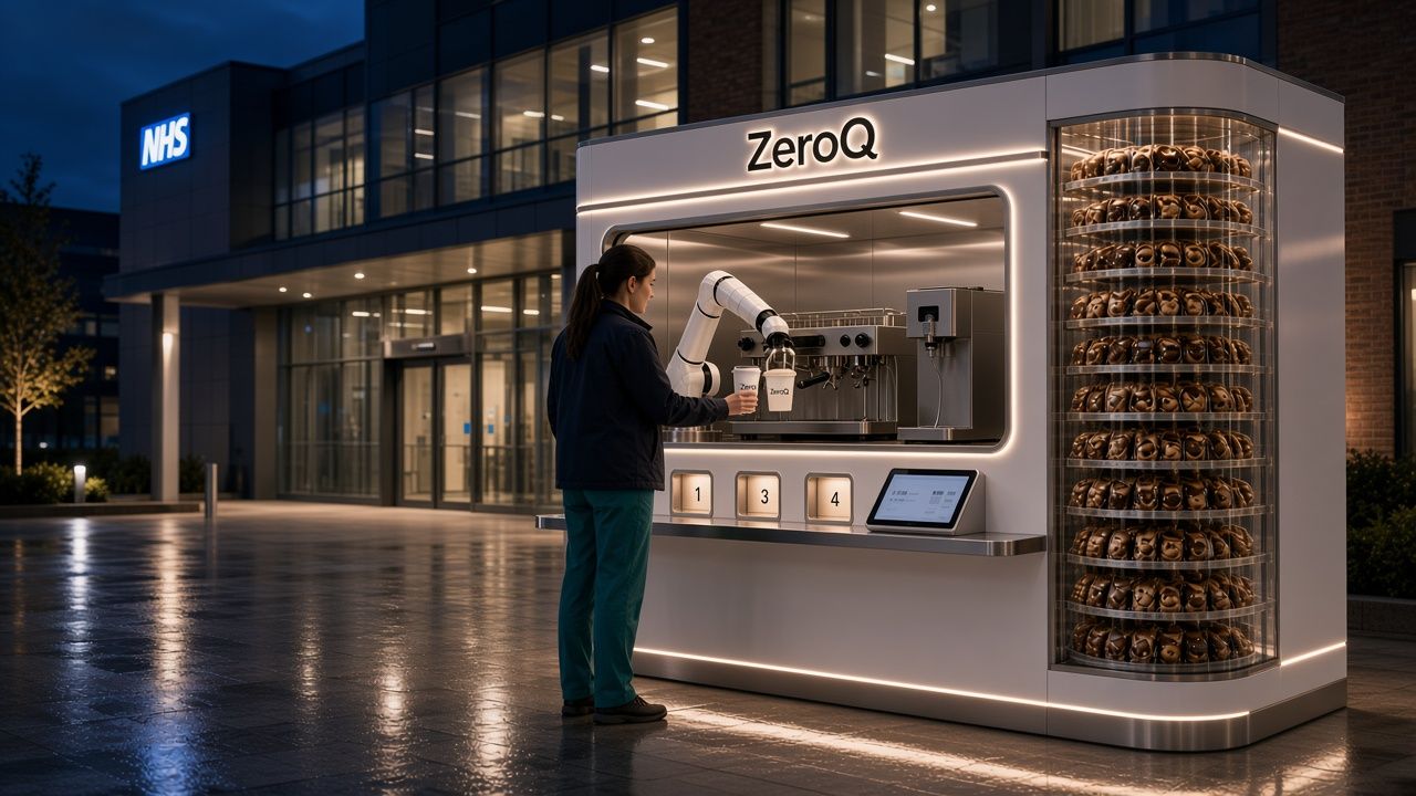 ZeroQ kiosk serving a customer at night, open 24/7 (design render)