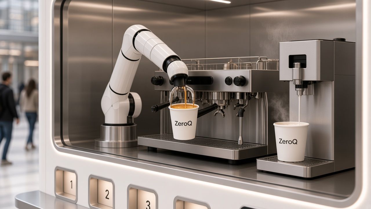 Robotic arm pulling an espresso inside the ZeroQ kiosk (design render)