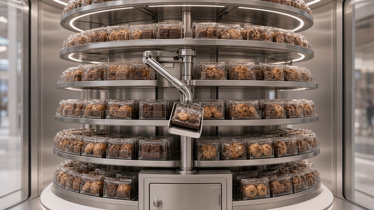 Rotating artisan snack carousel inside the ZeroQ kiosk (design render)
